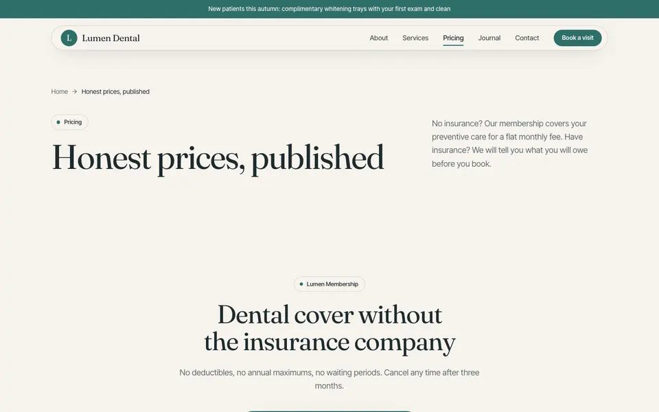 Lumen Dental Pricing page